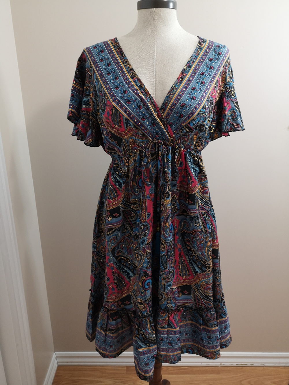Best Jamaica 100% Silk Paisley Print Dress, Multicolor Boho Size M to L